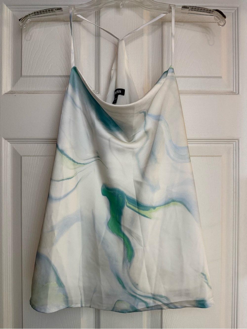 Express White Satin Cowl-Neck Camisole with Mint & Teal Accents